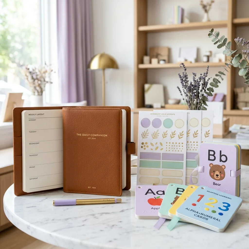 Mesa de trabalho com cadernos, adesivos e material pedagógico adaptado